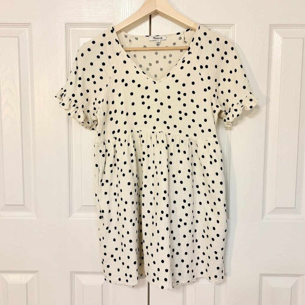 Madewell Ruffle Short-Sleeve Ivory Black Mini Babydoll Dress in Dot Toss Medium